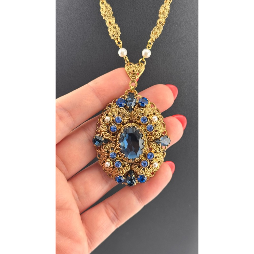 Vintage West Germany Blue Rhinestone Filigree Pendant Necklace 24.5"